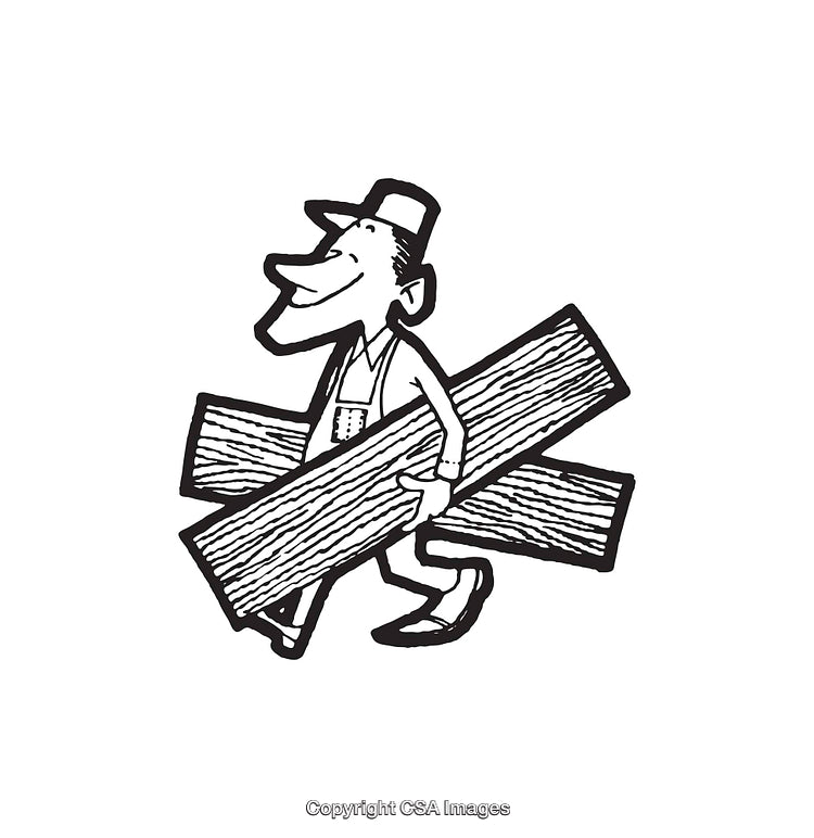 Cartoon Carpenter Carrying Wooden Planks in Black and White Line Art