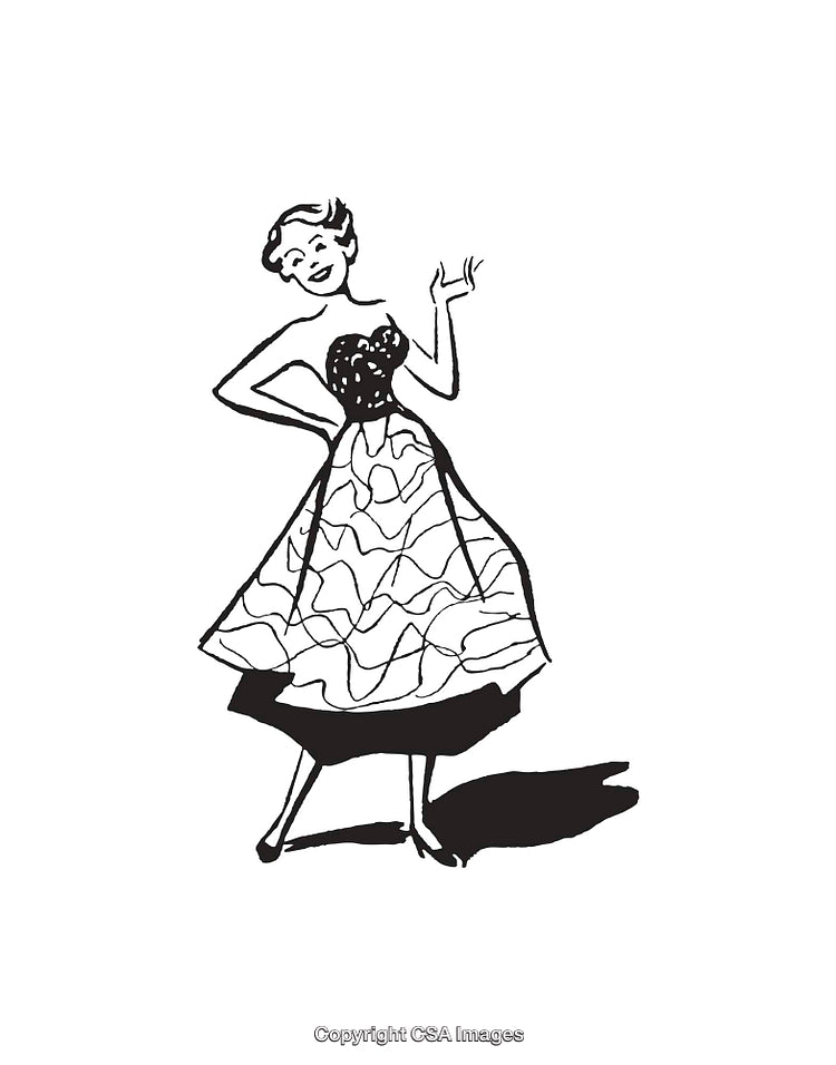 Vintage Line Art Illustration of a Woman in a Stylish Dress