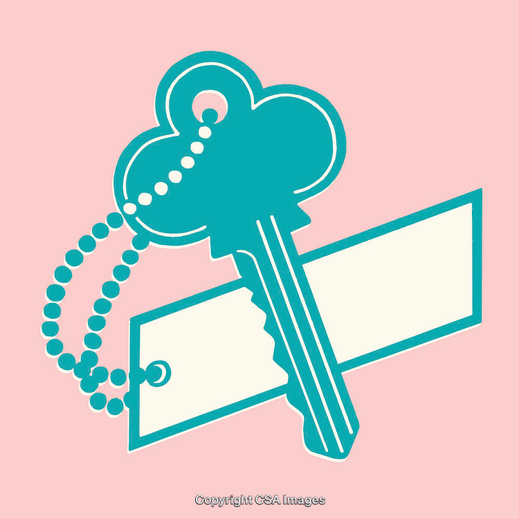 Turquoise Key with Tag in Minimalist Style on Pink Background