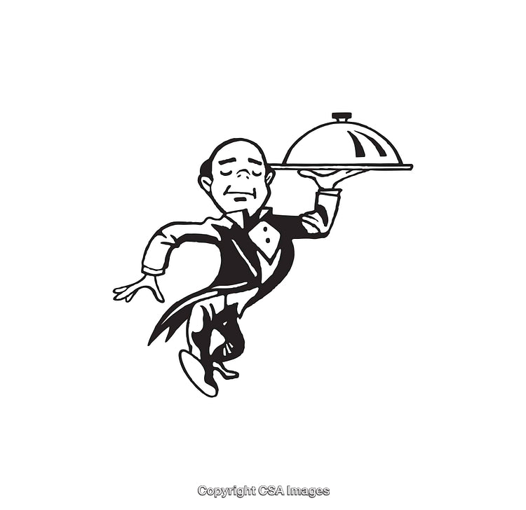 Elegant Butler Carrying Serving Tray with Graceful Posture in Line Art