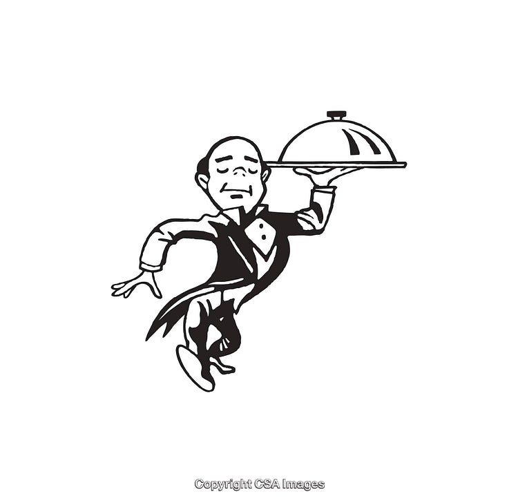 Elegant Butler Carrying Serving Tray with Graceful Posture in Line Art