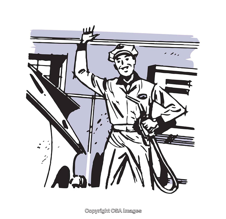 Retro Illustration of a Friendly Worker Waving Outside a Building