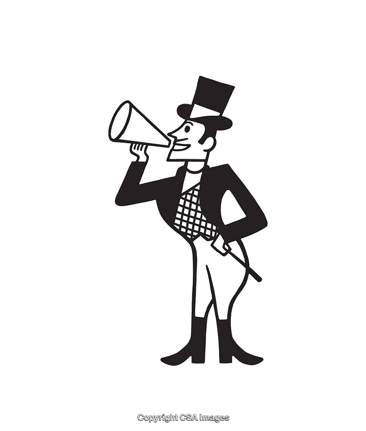 Vintage Illustration of a Man Announcing with Megaphone in Victorian Attire