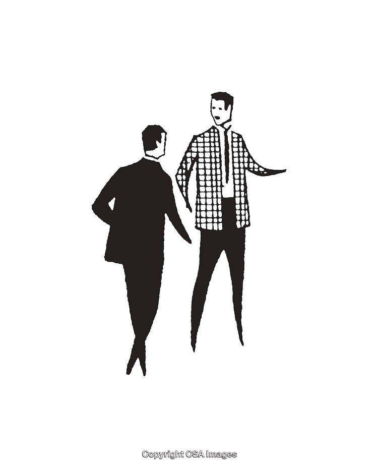 Two Men Engaged in Conversation Illustration in Black and White