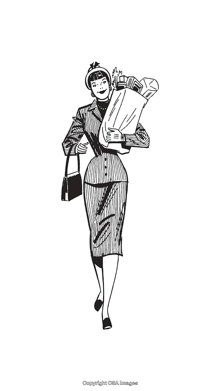 Retro Style Line Art of Woman Carrying Groceries