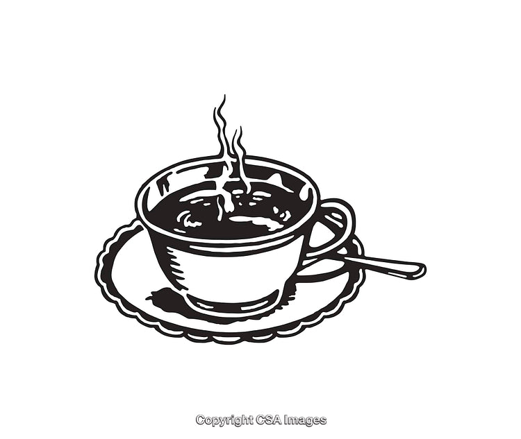 Black And White Line Art of Steaming Coffee in a Cup with Saucer