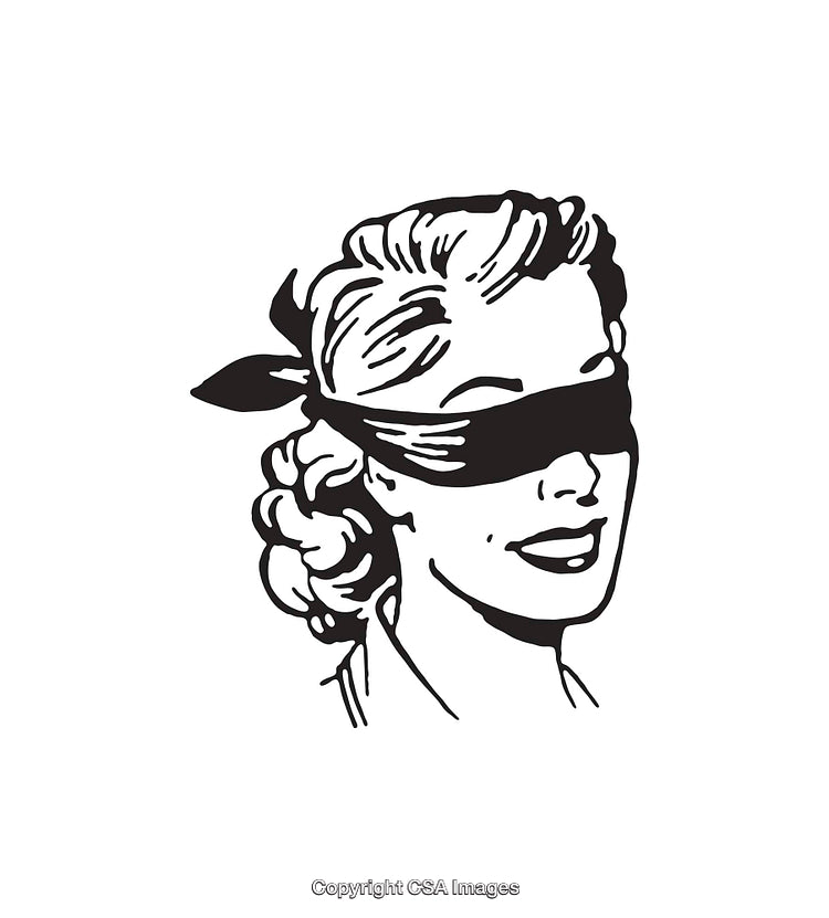 Vintage Style Black and White Blindfolded Woman Line Art Illustration