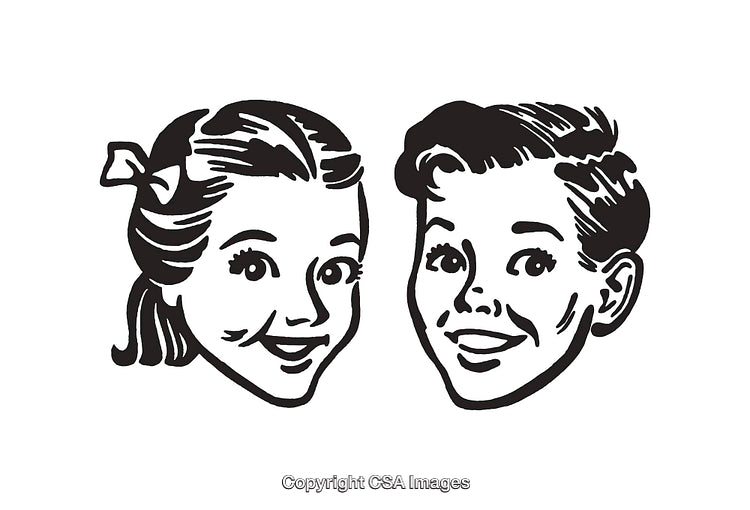 Classic Cartoon Style Black And White Illustration of Children Smiling