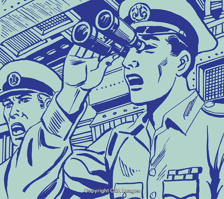 Illustration of Navy Officers Observing Through Binoculars on a Ship