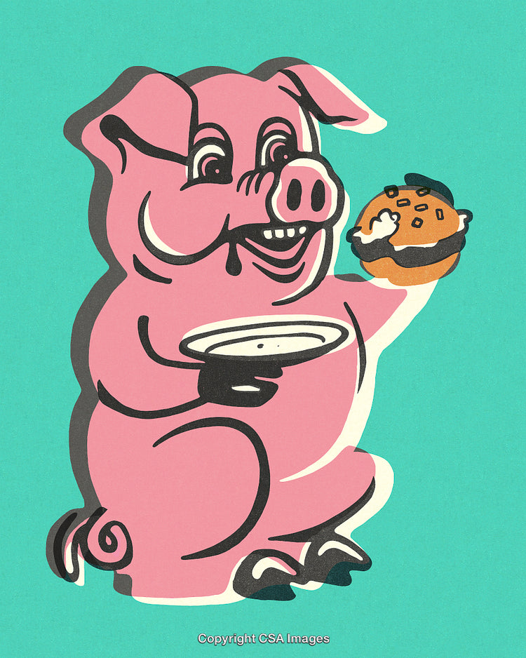 Cheerful Cartoon Pig Enjoying a Snack with a Whimsical Expression