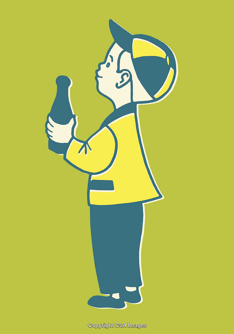 Retro Styled Boy Holding a Bottle in Colorful Line Art Illustration