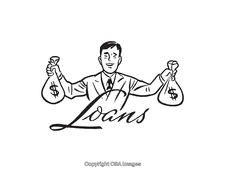 Line Art Illustration of Businessman Holding Money Bags With Loans Text