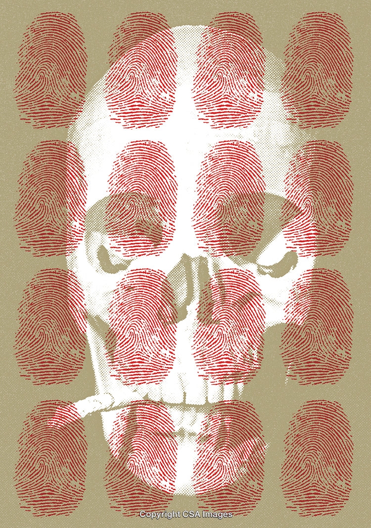 Creative Illustration of a Skull Overlaid with Red Fingerprints