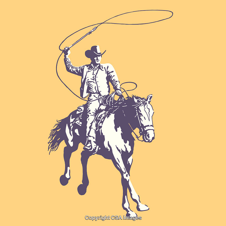 Cowboy Riding Horse with Lasso in Hand, Vintage Style Artwork