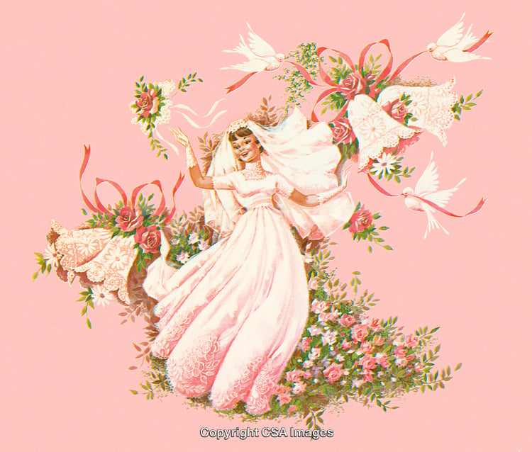 Bride in Elegant Dress Surrounded by Doves, Flowers, and Wedding Decorations
