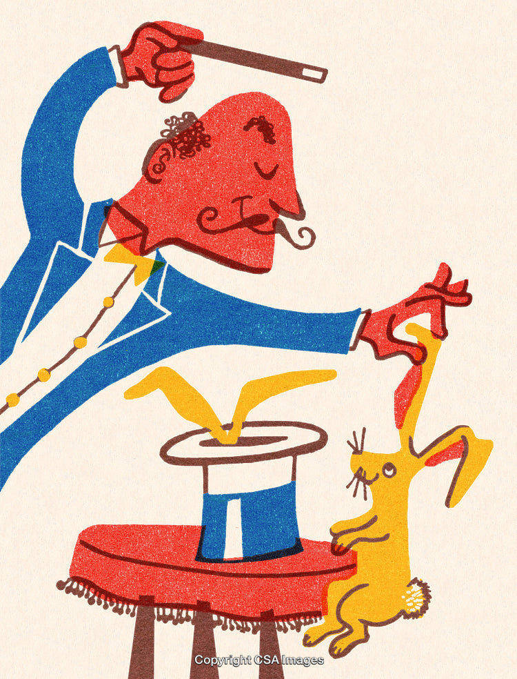 Whimsical Illustration of a Magician Performing a Classic Rabbit Hat Trick