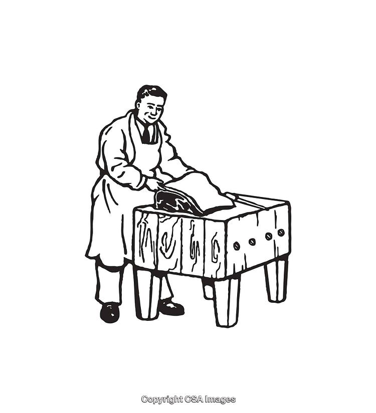 Black and White Line Art of a Butcher Carving Meat on a Table