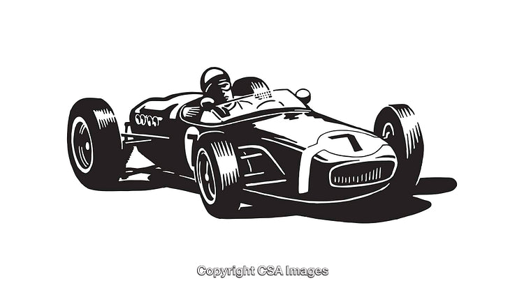 Vintage Race Car Illustration in Black and White Line Art Style