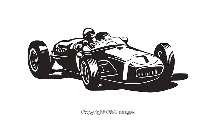 Vintage Race Car Illustration in Black and White Line Art Style
