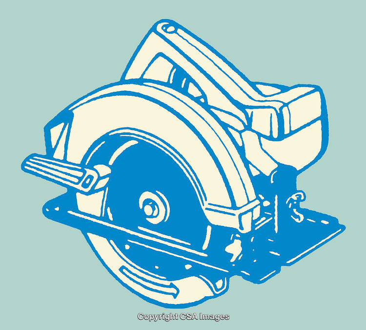 Blue and White Line Art Circular Saw Illustration on Green Background