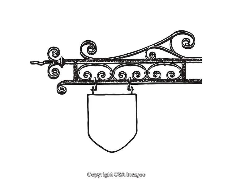 Vintage Iron Scrollwork Sign With Hanging Shield Illustration