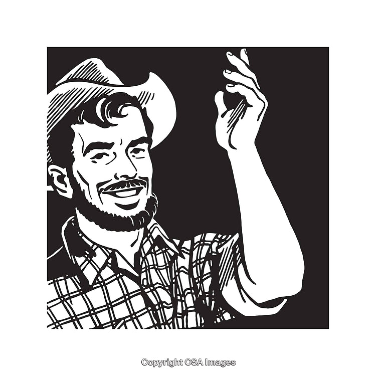 Cheerful Cowboy Illustration in Black and White Line Art Style