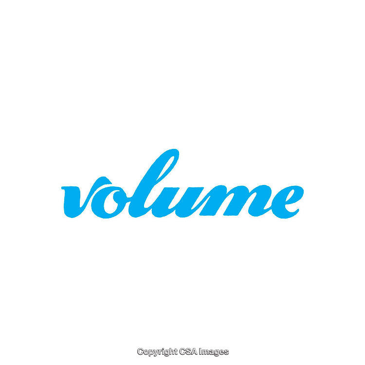 Blue Script Typography of the Word 'Volume' on a White Background