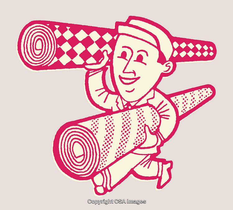 Retro Style Illustration of Joyful Worker Carrying Patterned Roll Fabrics