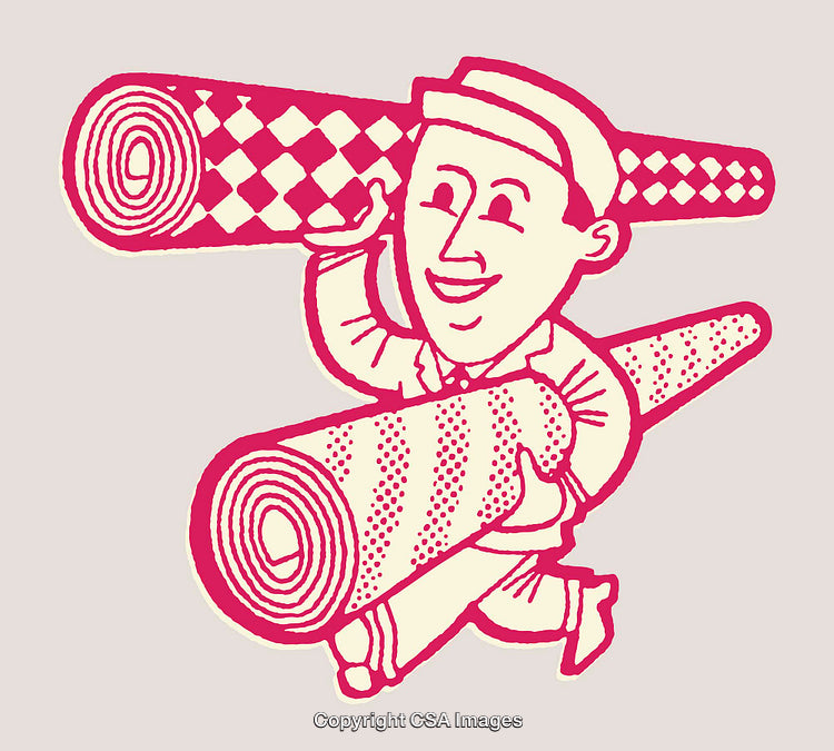 Retro Style Illustration of Joyful Worker Carrying Patterned Roll Fabrics
