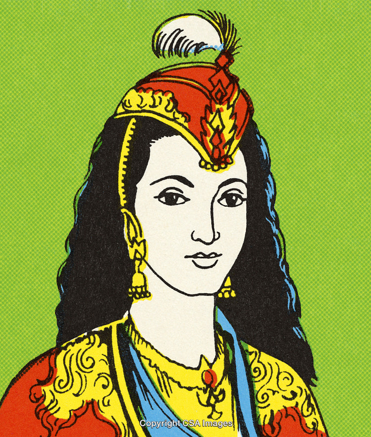 Illustration of a Woman in Traditional Regal Attire on a Vibrant Background