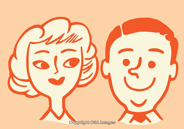 Retro Illustration of Smiling Man and Woman in Colorful Line Art Style