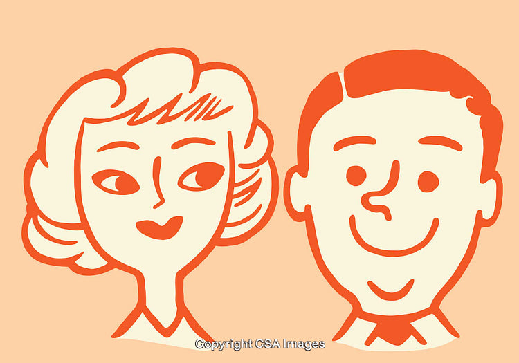 Retro Illustration of Smiling Man and Woman in Colorful Line Art Style