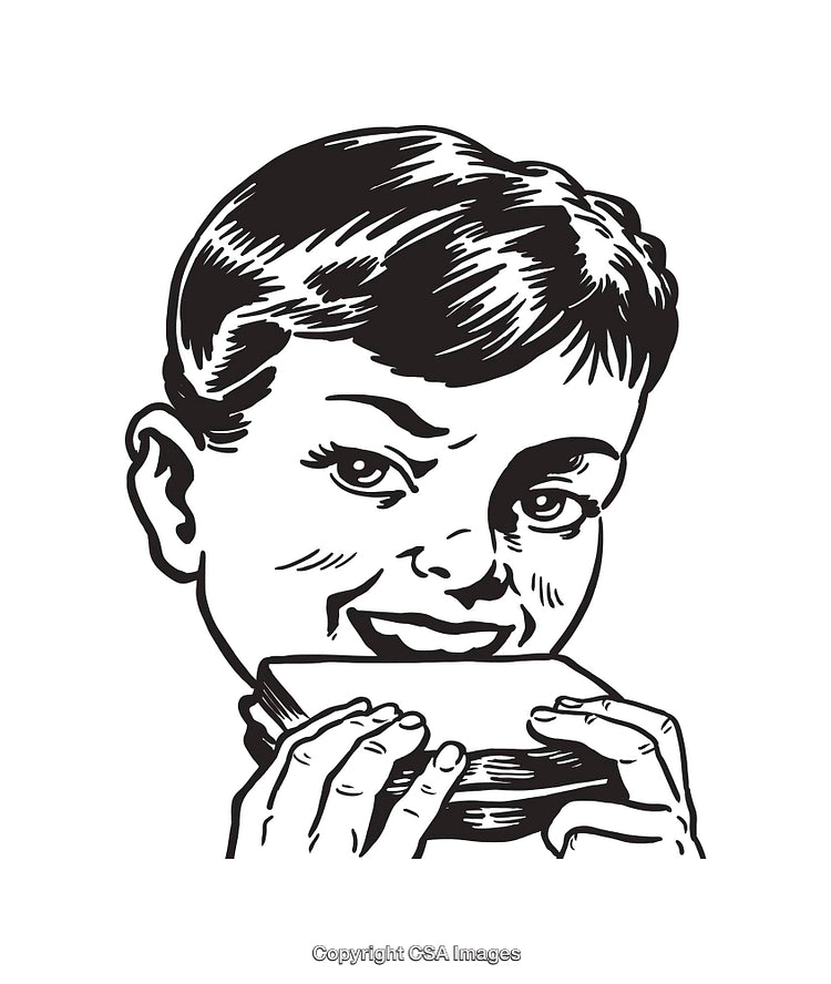 Retro Black and White Line Art of a Child Eating