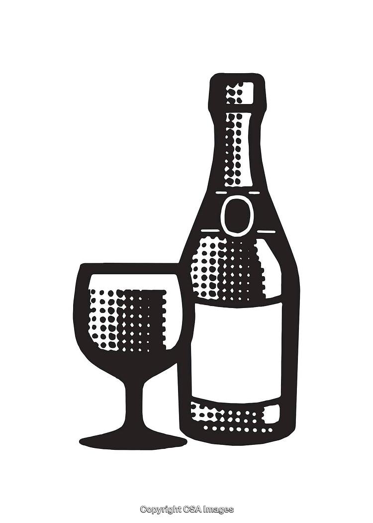 Black and White Line Art of Wine Bottle and Glass Illustration