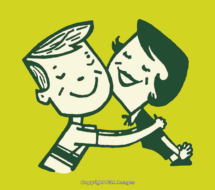 Cartoon Illustration of Smiling Couple Embracing on a Green Background