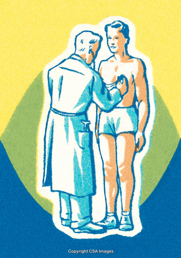 Health Examination Depicting a Doctor Checking a Standing Patient in Retro Design