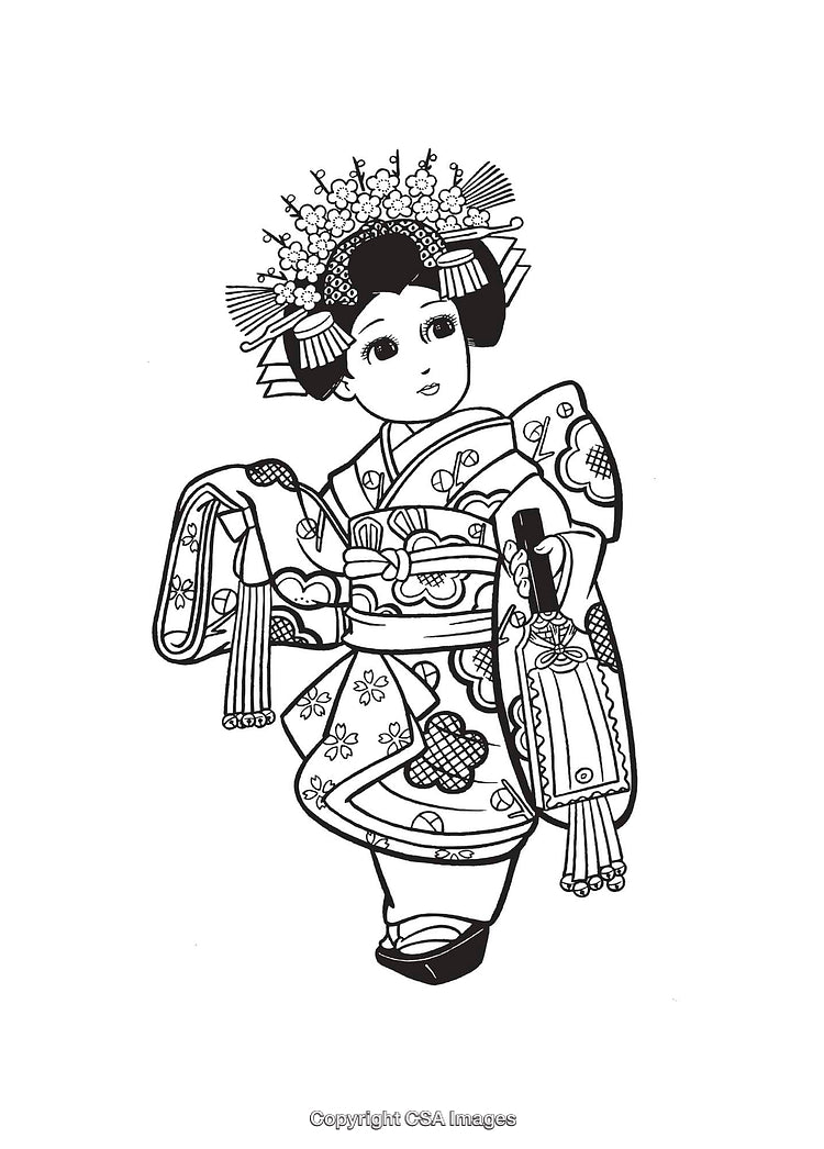 Black And White Line Art of Traditional Japanese Dancer in Kimono