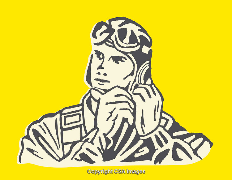 Vintage Pilot Illustration on Bright Yellow Background in Minimalist Style