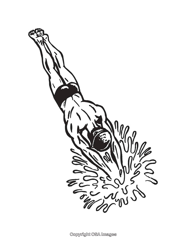 Black and White Line Art Illustration of a Diver Entering Water