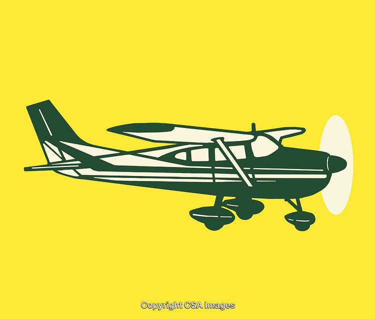 Colorful Line Art Illustration of a Propeller Airplane on Yellow Background