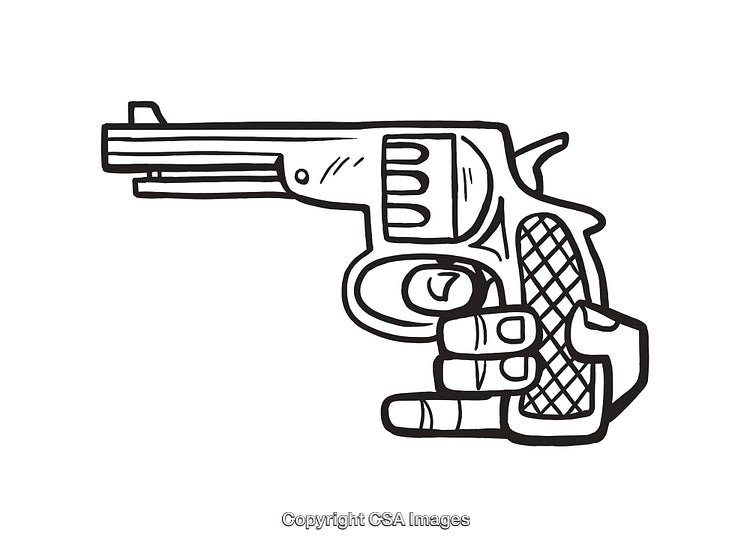 Black and White Line Art Drawing of a Hand Holding a Revolver