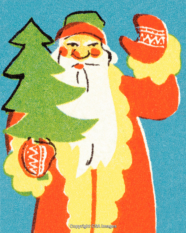 Vintage Styled Santa Claus Holding Christmas Tree and Festive Decorations Illustration