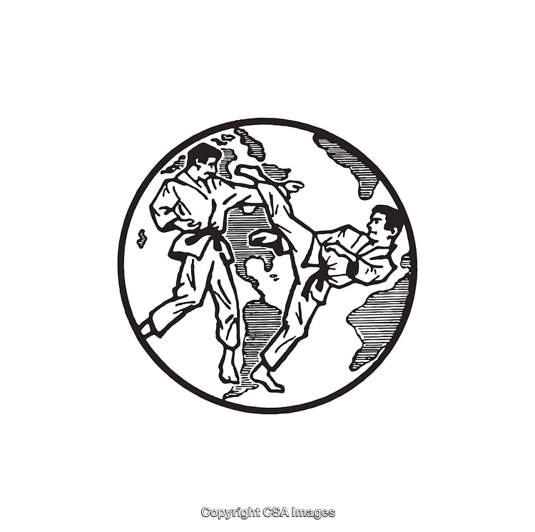 Black and White Martial Arts Illustration with Global Background