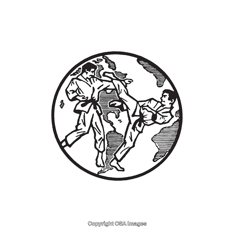 Black and White Martial Arts Illustration with Global Background