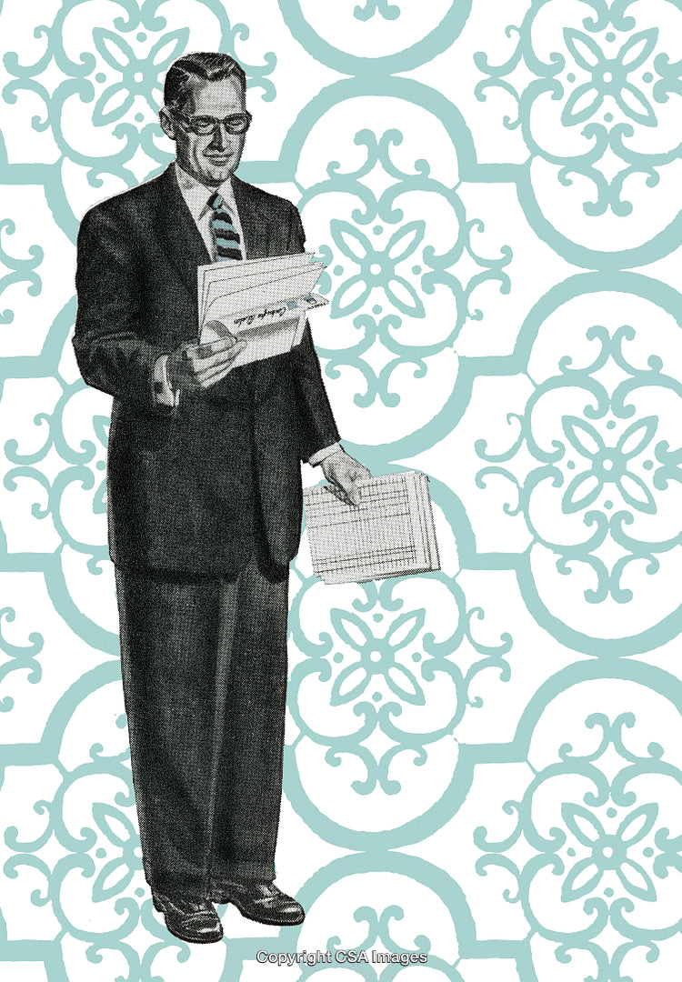 Vintage Businessman Reviewing Papers Over Decorative Pattern Background