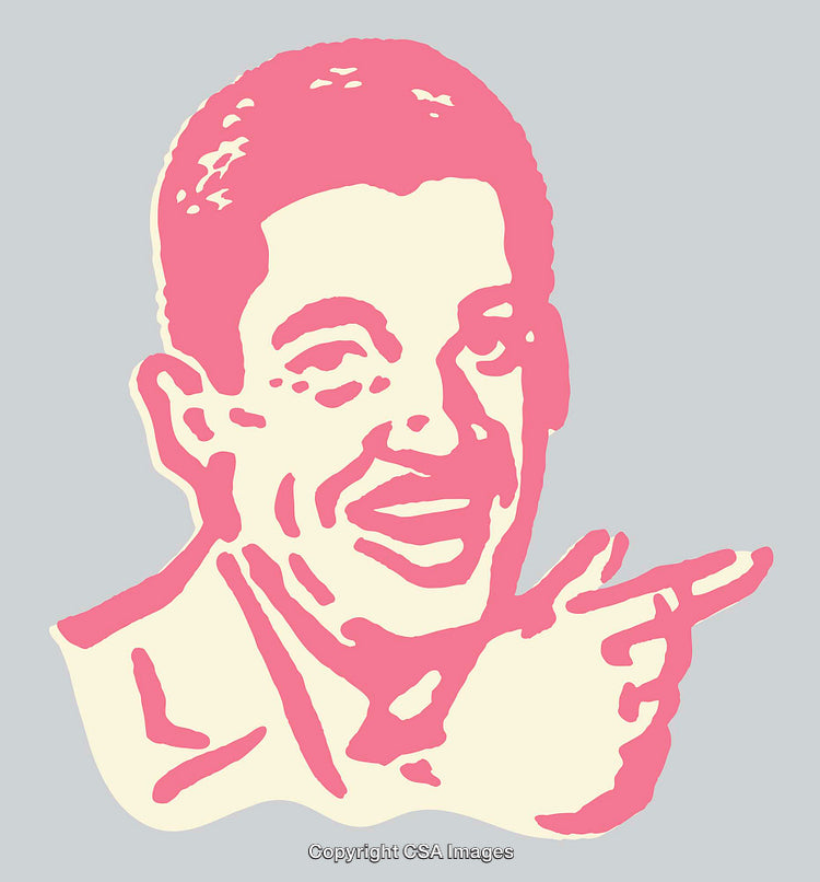 Retro Line Art of a Smiling Man Pointing Finger in Pink Tones