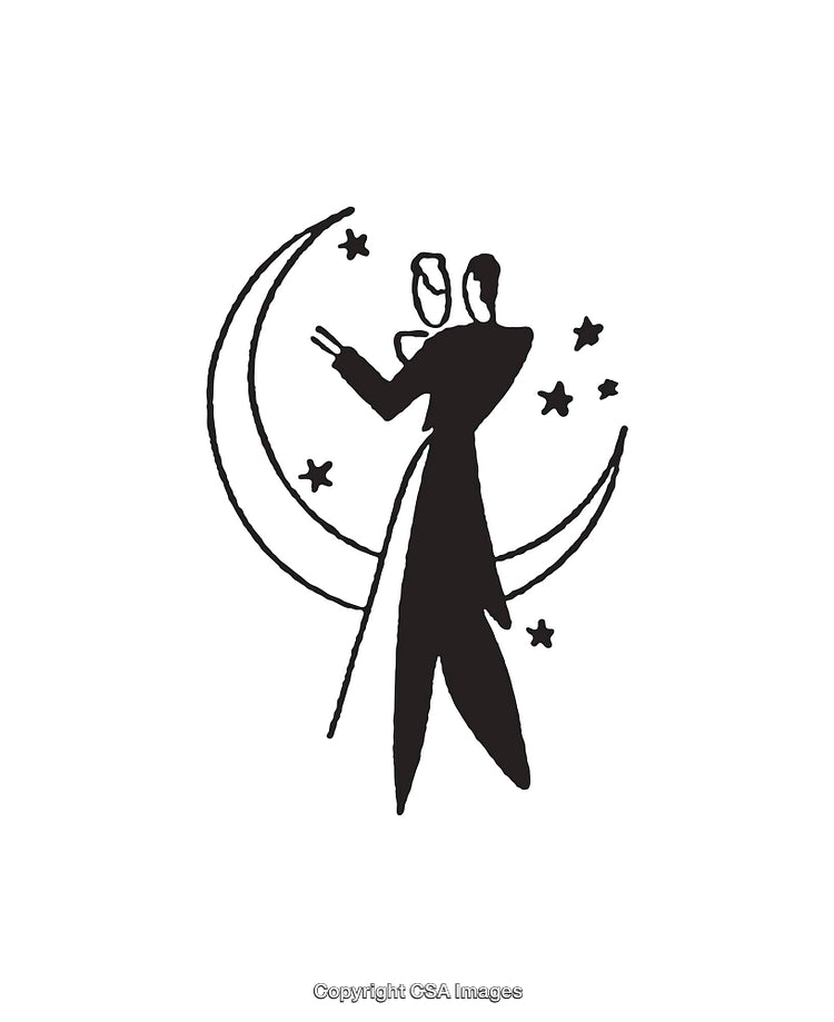 Elegant Line Art Illustration of a Dancing Couple with Moon and Stars