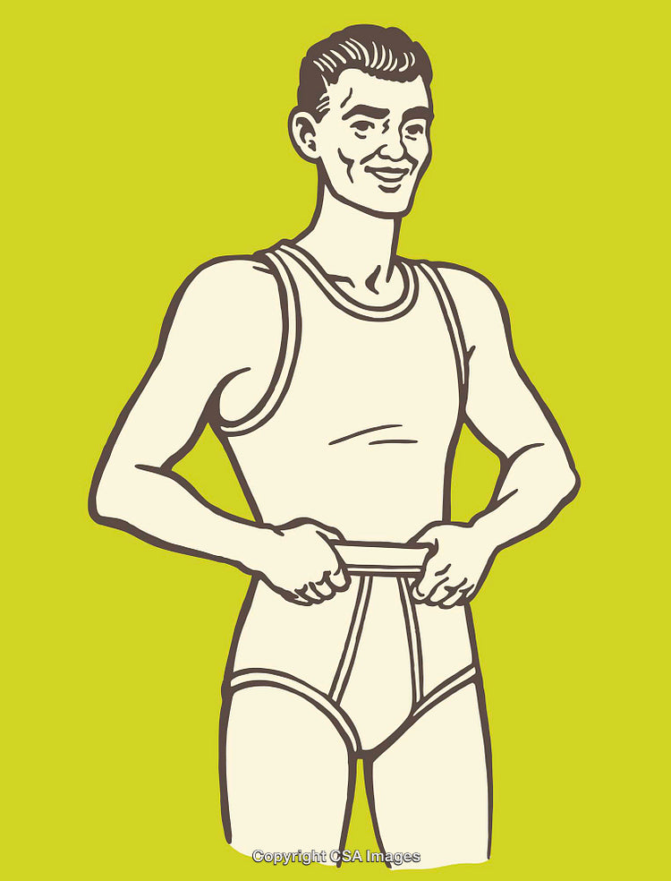 Retro Styled Illustration of a Man in Undergarments on Yellow Background