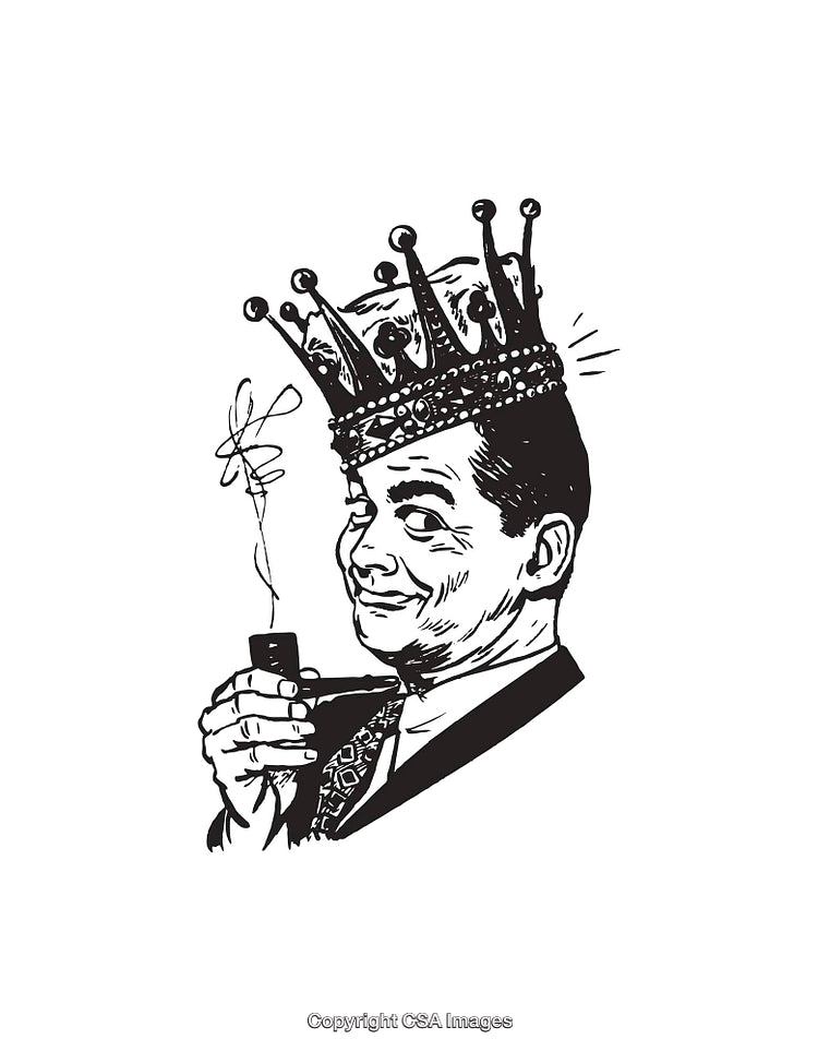 Retro Black and White Art of a Man with a Crown and Pipe