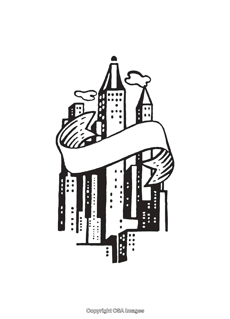 Black-and-White City Skyline Illustration with a Blank Banner